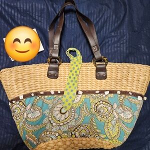 Vera Bradley oversized woven straw and fabric beach tote in the retired Peacock
